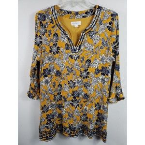 Magnolia Grace Womens Size Lg Yellow Blue Floral Tunic Top Embroidered Trim
